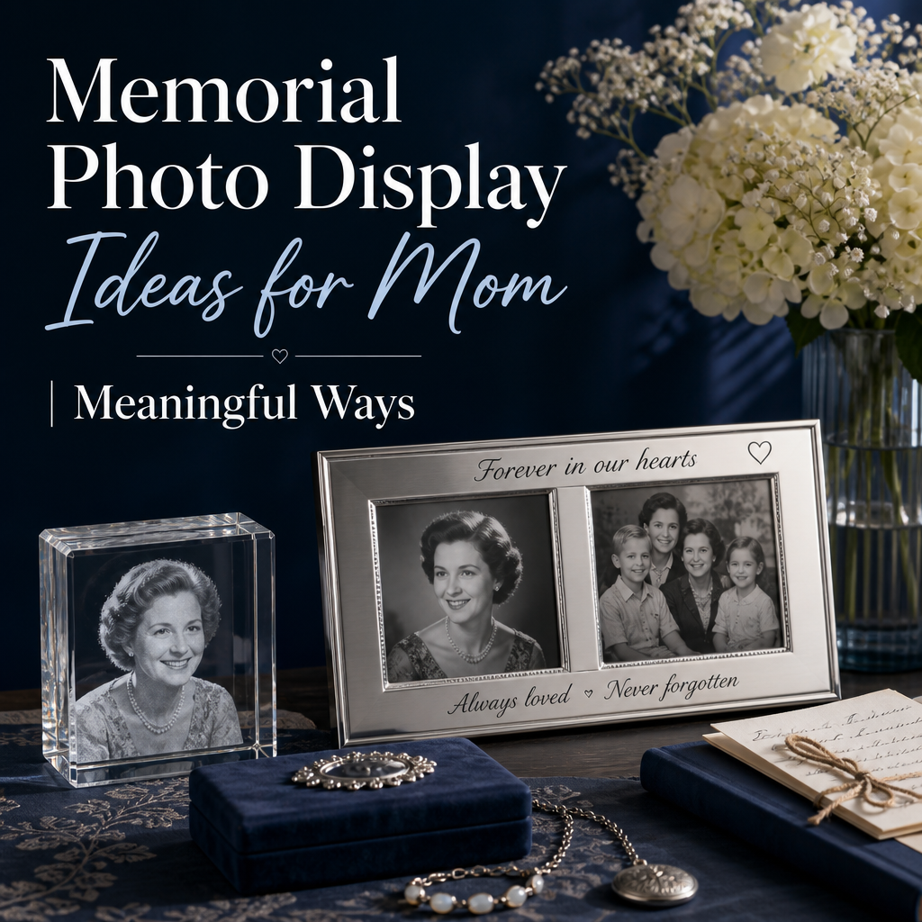A warm remembrance table with framed photos, a memory box, recipe cards, and flowers beside the headline “Memorial Photo Display Ideas for Mom.”