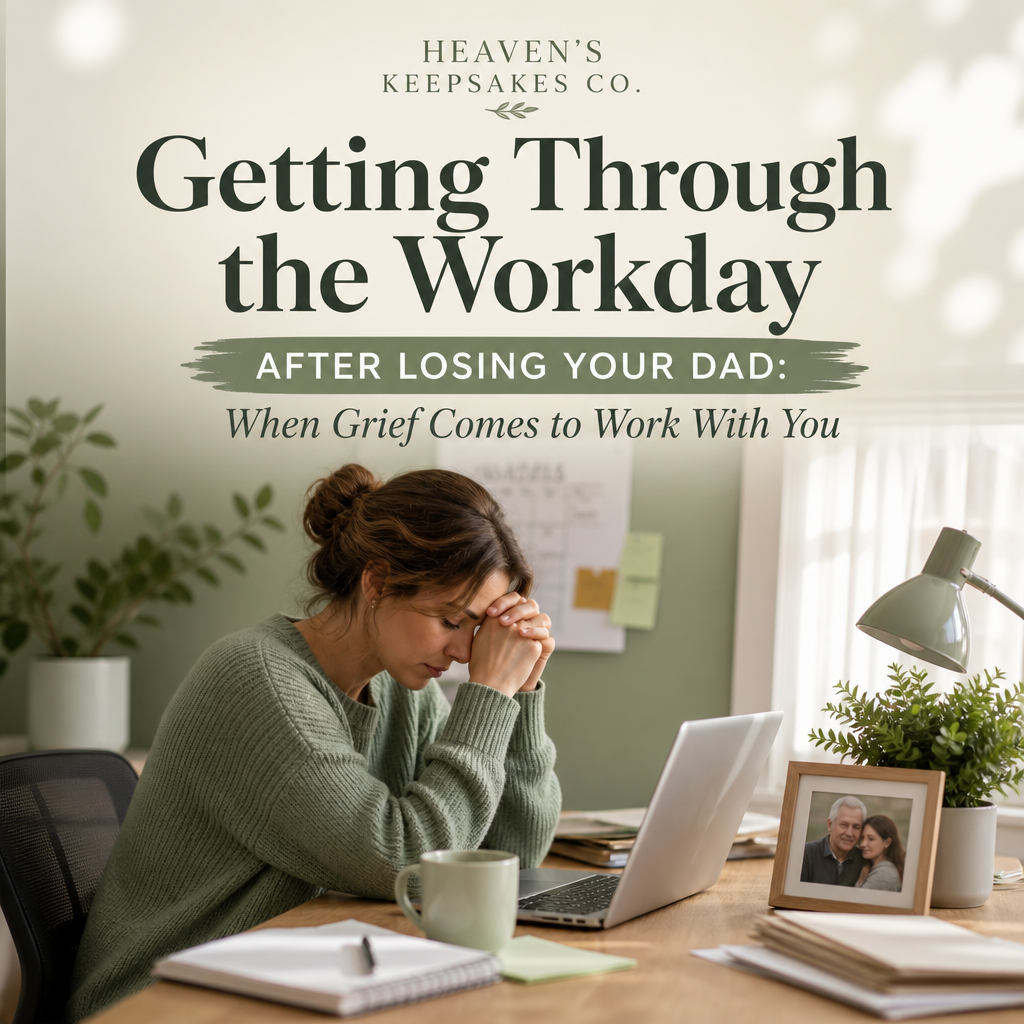 Editorial cover showing a notebook, workday essentials, and a framed remembrance photo beside soft greenery, with the headline “Getting Through the Workday After Losing Your Dad: When Grief Comes to Work With You.”