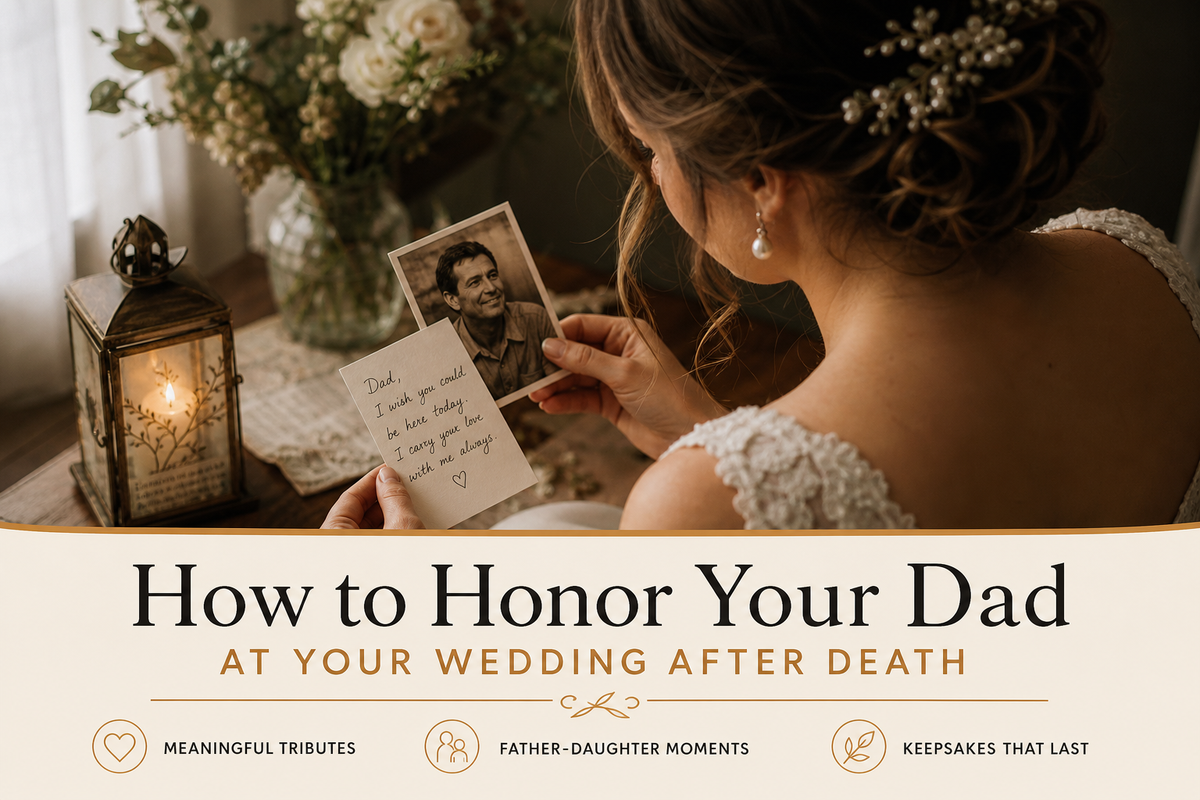 Wedding remembrance table with a framed father-daughter photograph, memorial lantern, flowers, and keepsakes beside the headline How to Honor Your Dad at Your Wedding After Death.