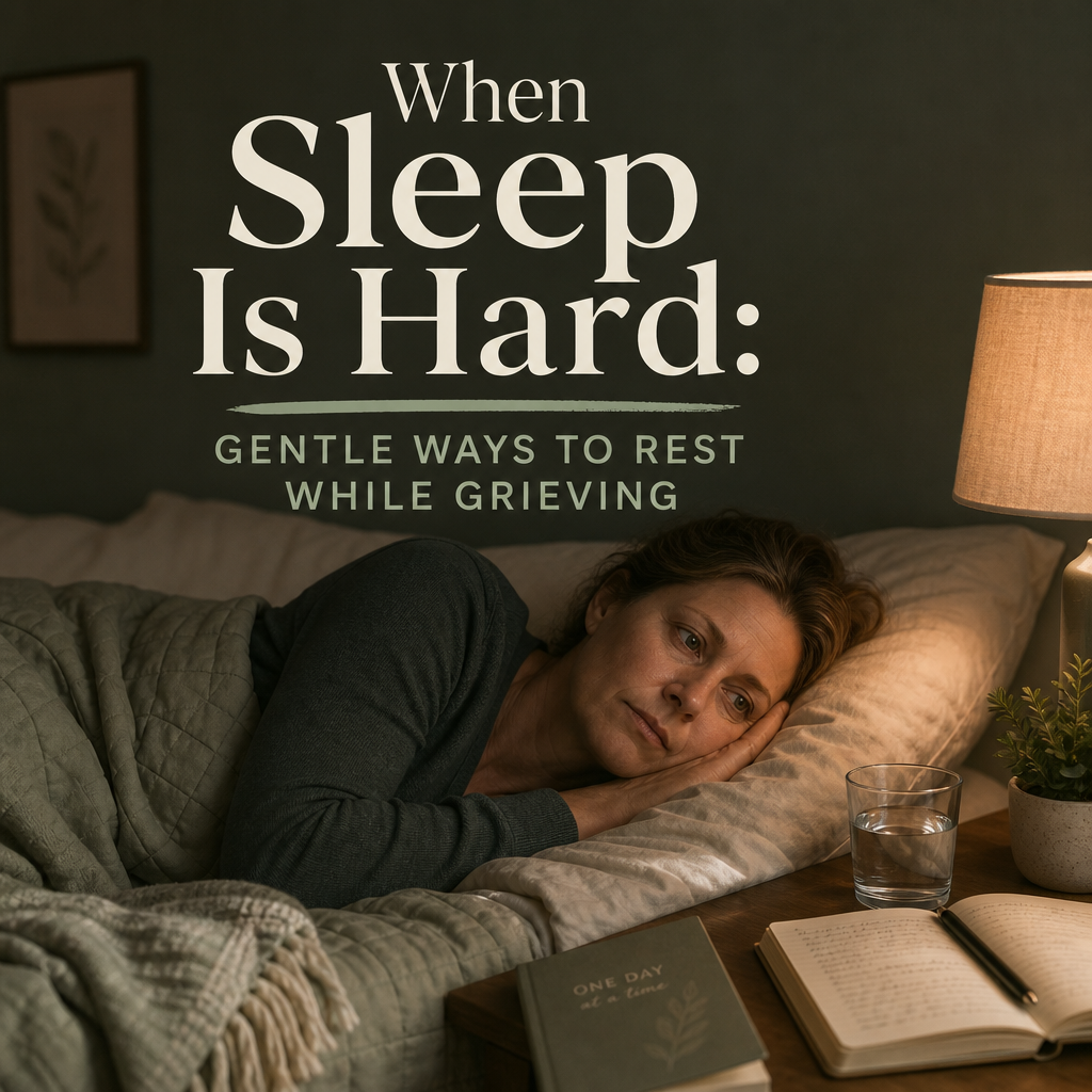 Editorial cover showing a softly lit bedside table with a journal, folded blanket, remembrance photograph, and warm lamp beside the headline “When Sleep Is Hard: Gentle Ways to Rest While Grieving.”