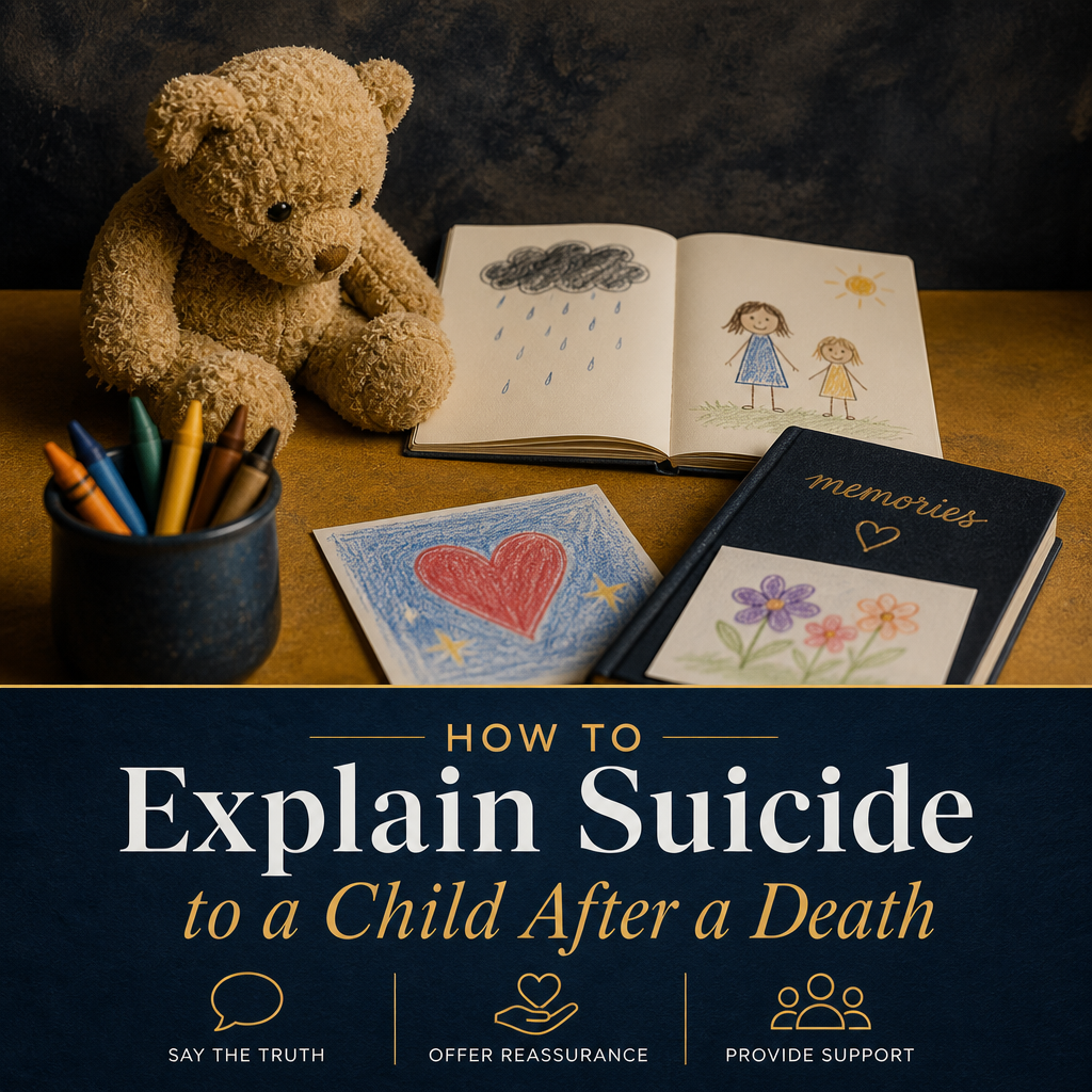 Caregiver and child sitting together beside a memory book, framed family photo, and keepsake box, with the headline “How to Talk to Children About a Suicide Loss: Honest, Gentle Guidance for Caregivers.”