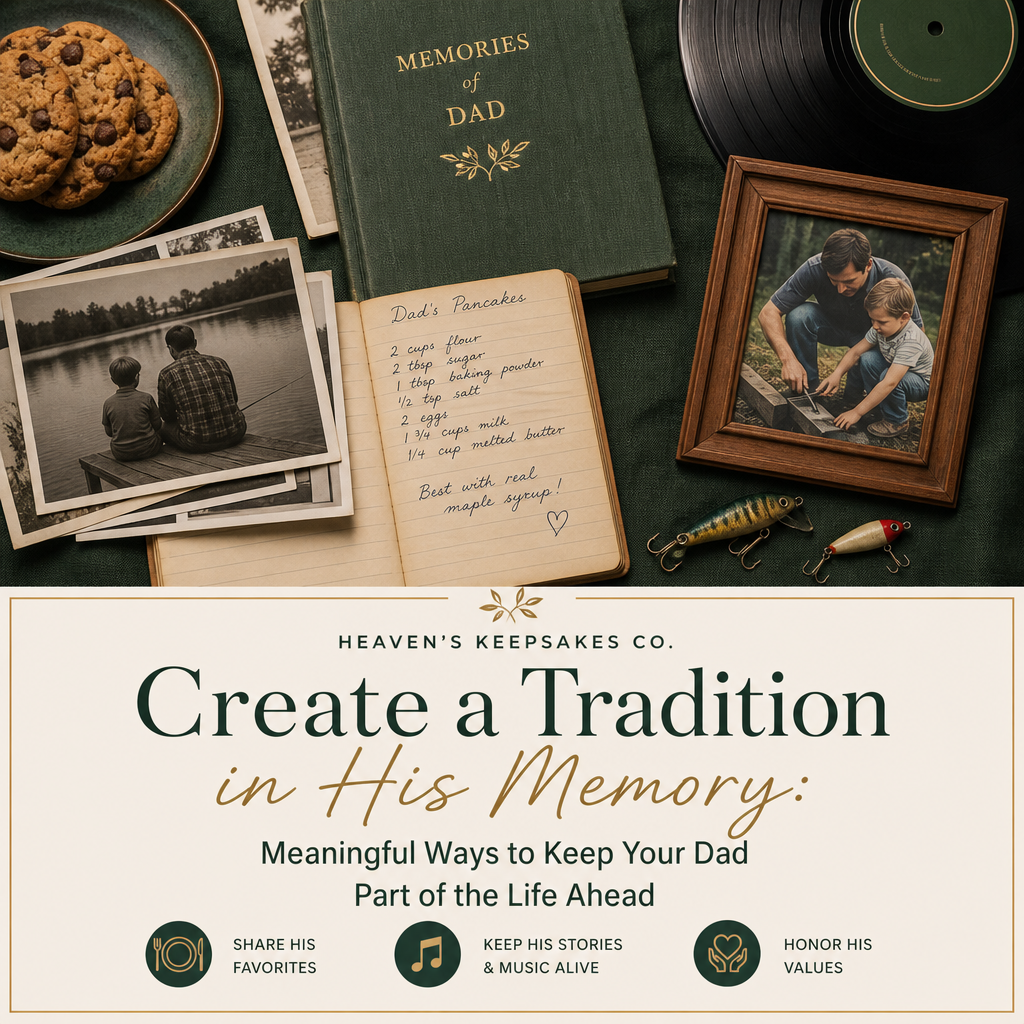 Editorial memorial scene with a family photo, handwritten recipe, favorite mug, greenery, and shared meal beside the headline Create a Tradition in His Memory: Meaningful Ways to Keep Your Dad Part of the Life Ahead.