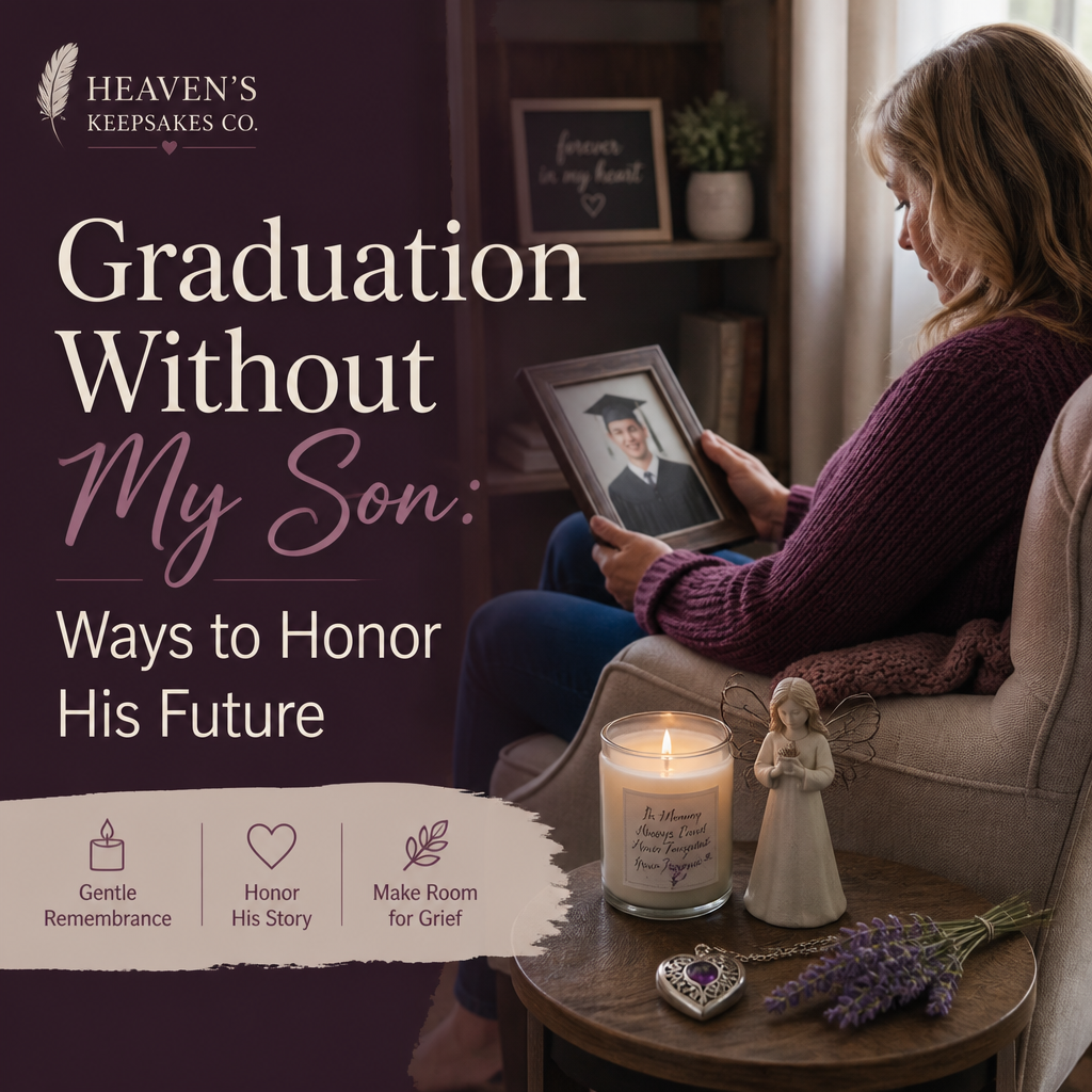 Editorial cover reading “Graduation Without Your Son” beside a graduation cap, framed family photograph, memory card, flowers, and candle arranged as a gentle remembrance scene.