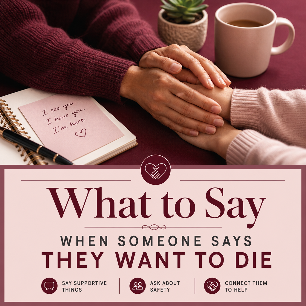 Editorial cover with the headline “What to Say When Someone Says They’re Thinking About Suicide: A Calm, Compassionate Guide,” beside two mugs, a note, and supportive hands on a softly lit table.