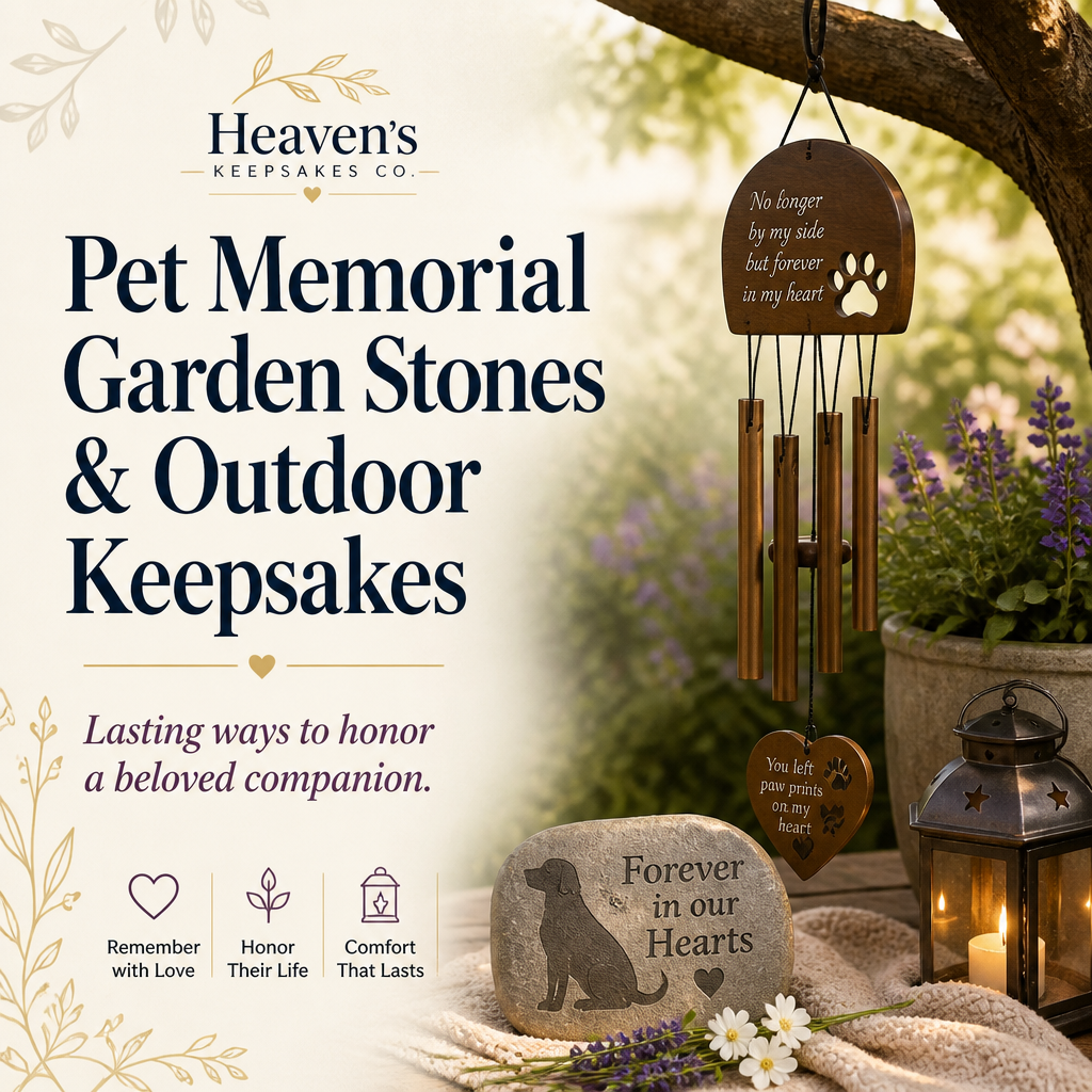 Editorial cover showing a peaceful garden remembrance scene with pet memorial stones, flowers, and a solar light beside the headline “Best Pet Memorial Garden Stones and Outdoor Keepsakes for Dogs and Cats.”