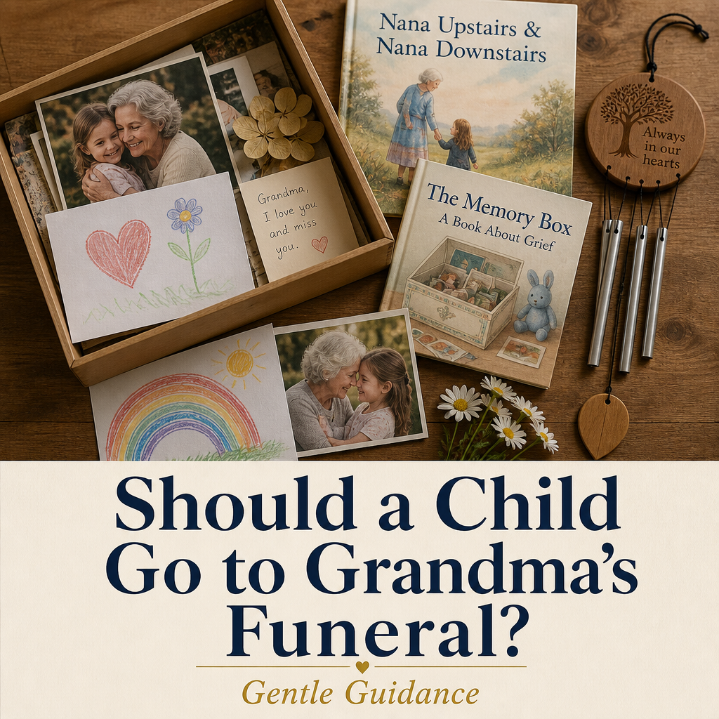 Editorial cover reading “Should a Child Go to Grandma’s Funeral? Gentle Guidance,” with a child and caregiver’s hands beside a memory box, framed grandmother photograph, flowers, and remembrance lantern.