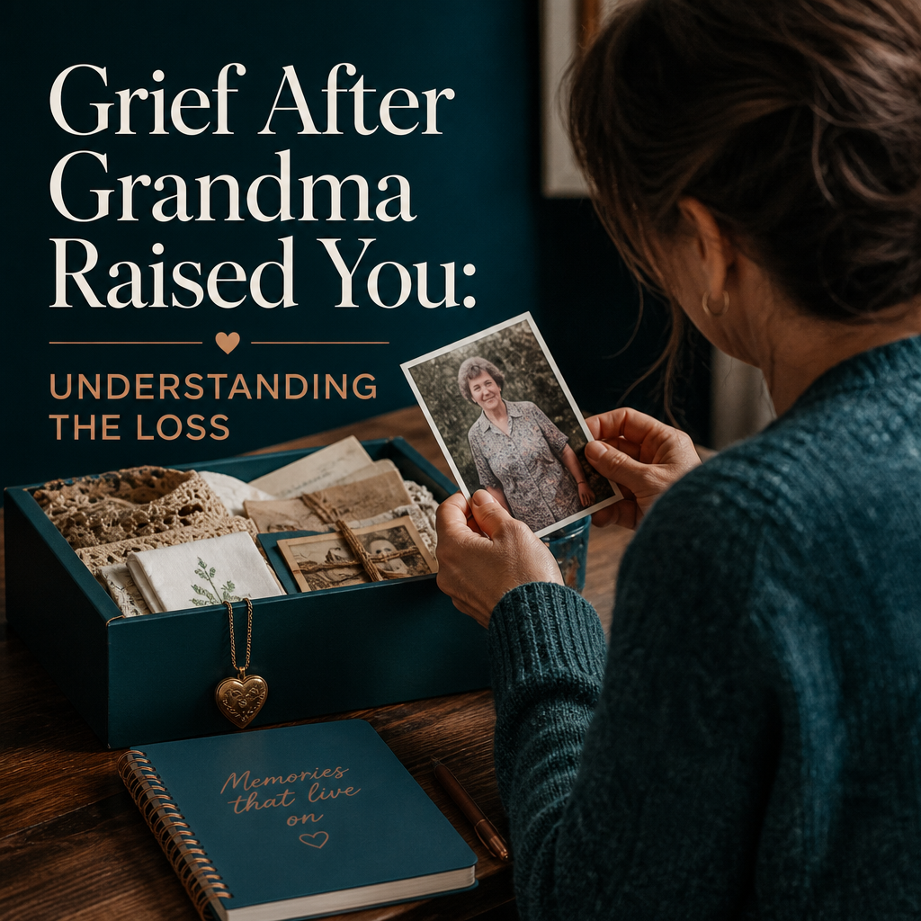 Editorial cover showing a memory box, grandmother remembrance keepsakes, framed photo, folded shawl, and pendant beside the title “When Grandma Raised You: Understanding the Grief of Losing a Grandmother Who Was Like a Parent.”