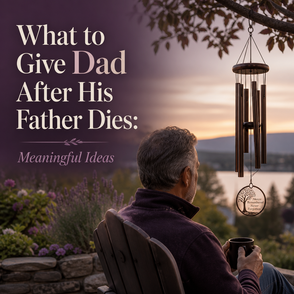 Blog cover reading “What to Give Your Dad After His Father Dies” beside a two-photo memorial frame, keepsake box, handwritten card, flowers, and memorial pendant arranged in warm light.