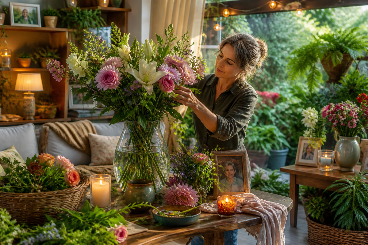 Hands carefully pressing a funeral flower in a wooden flower press at home