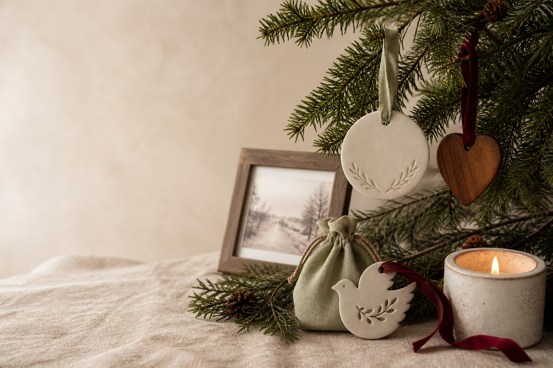 Warm holiday memorial ornaments and keepsakes arranged beside evergreen branches