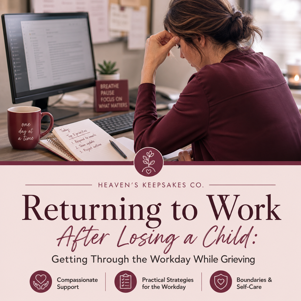 Editorial cover showing a remembrance photograph and everyday work items on a softly lit desk beside the headline “Returning to Work After Losing a Child.”