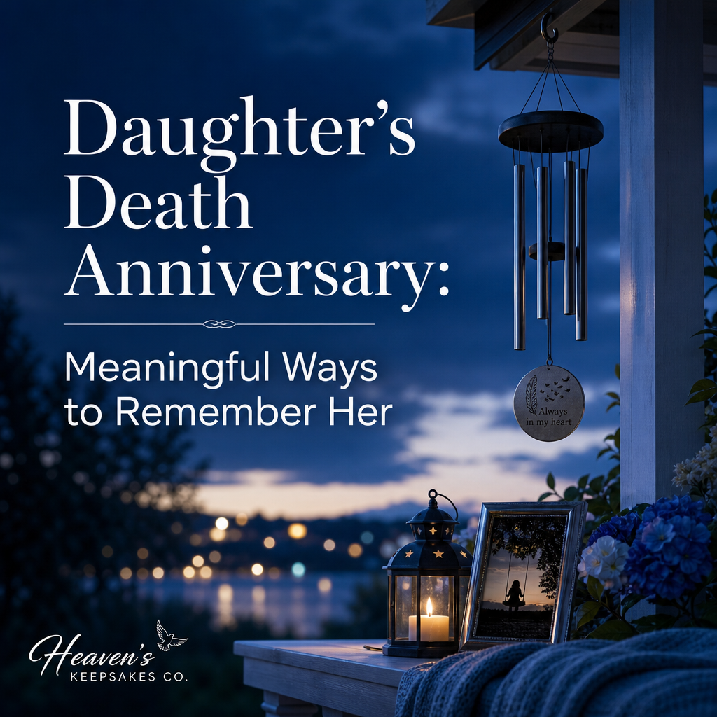 A remembrance table with a framed family photo, memorial lantern, flowers, handwritten notes, and keepsake box beside the headline “Daughter’s Death Anniversary: Meaningful Ways to Remember Her.”