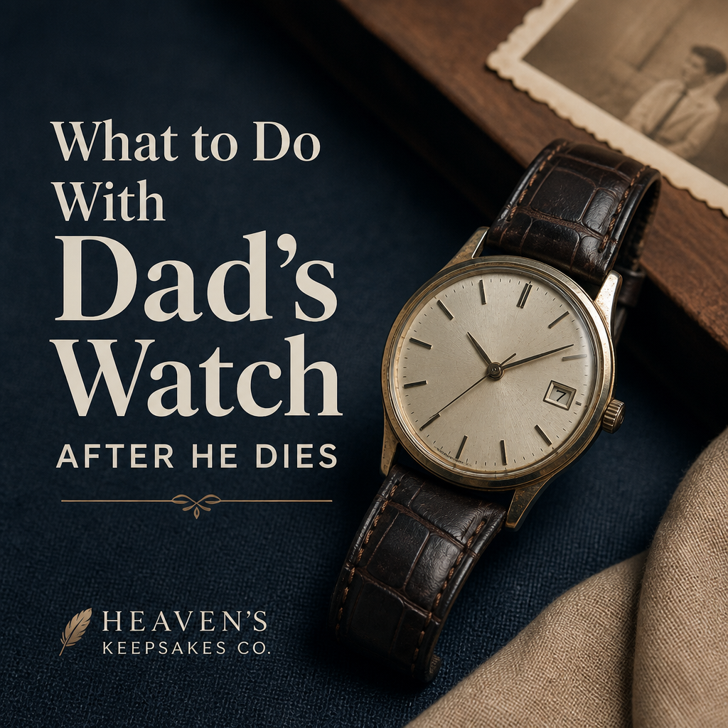 Editorial memorial scene with a vintage watch, handwritten note, family photograph, and wooden memory box beside the headline “What to Do With Dad’s Watch After He Dies: Meaningful Memorial Ideas.”