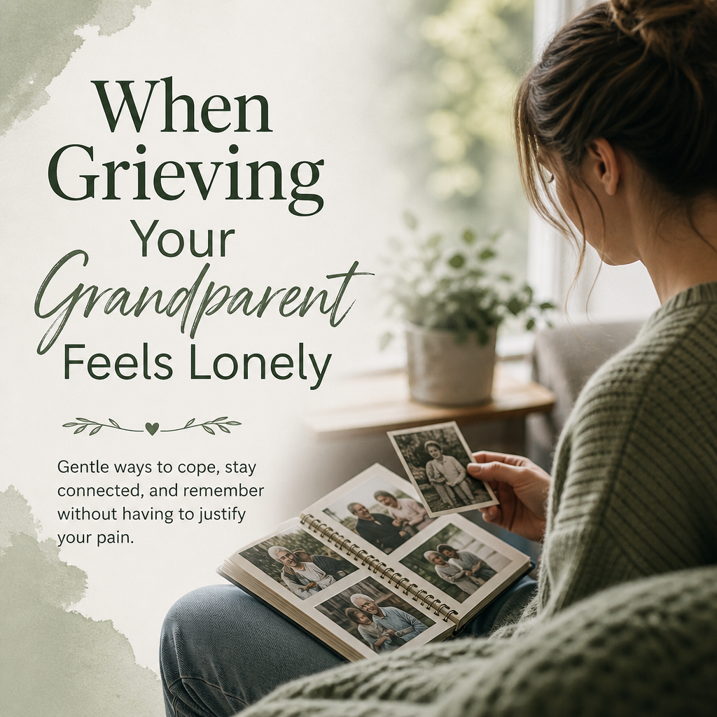 A memory box with family photographs, recipe cards, a knitted keepsake, flowers, and a framed photo beside the headline “When Grieving Your Grandparent Feels Lonely.”