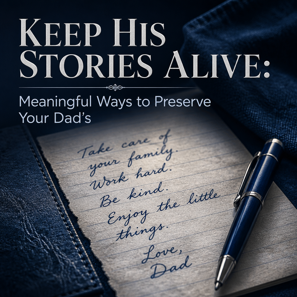 Editorial cover reading “Keep His Stories Alive: Meaningful Ways to Preserve Your Dad’s” beside an open memory journal, handwritten letters, family photographs, and a wooden memory box in warm natural light.
