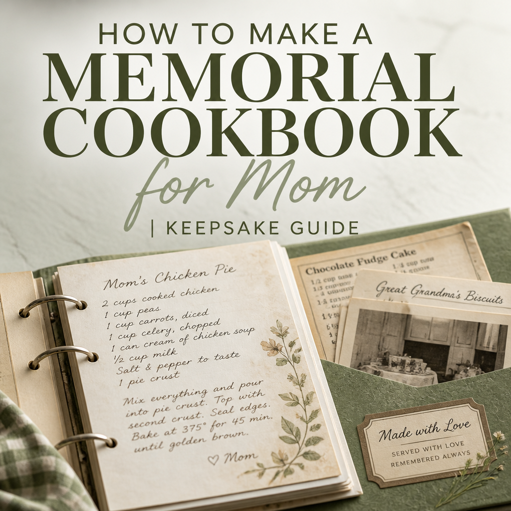 Open family recipe journal, handwritten recipe cards, and a favorite meal on a warmly lit kitchen table beside the headline “How to Make a Memorial Cookbook From Mom’s Recipes, Notes, and Favorite Meals.”