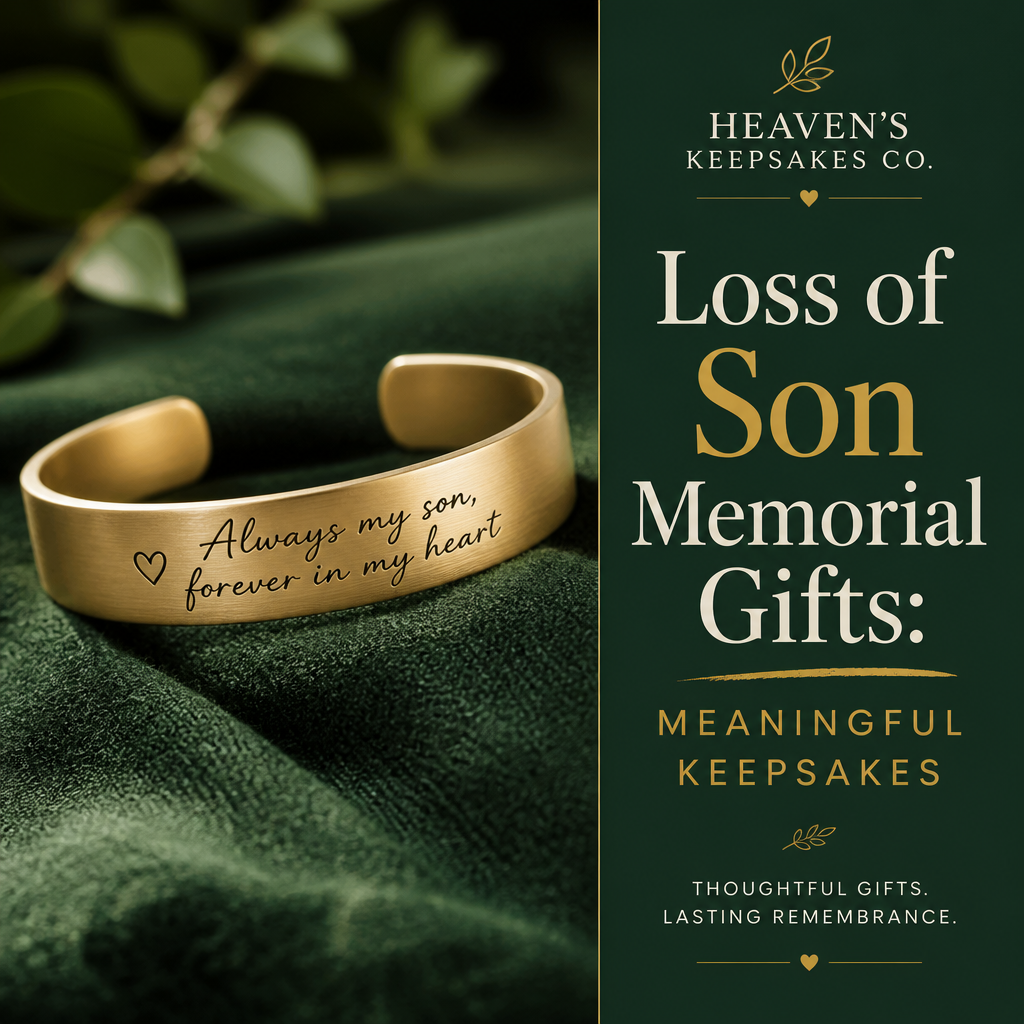 Editorial cover reading “Loss of Son Memorial Gifts: Meaningful Keepsakes” beside a memorial bracelet, framed photograph, memory journal, flowers, and candle arranged on a warm remembrance table.