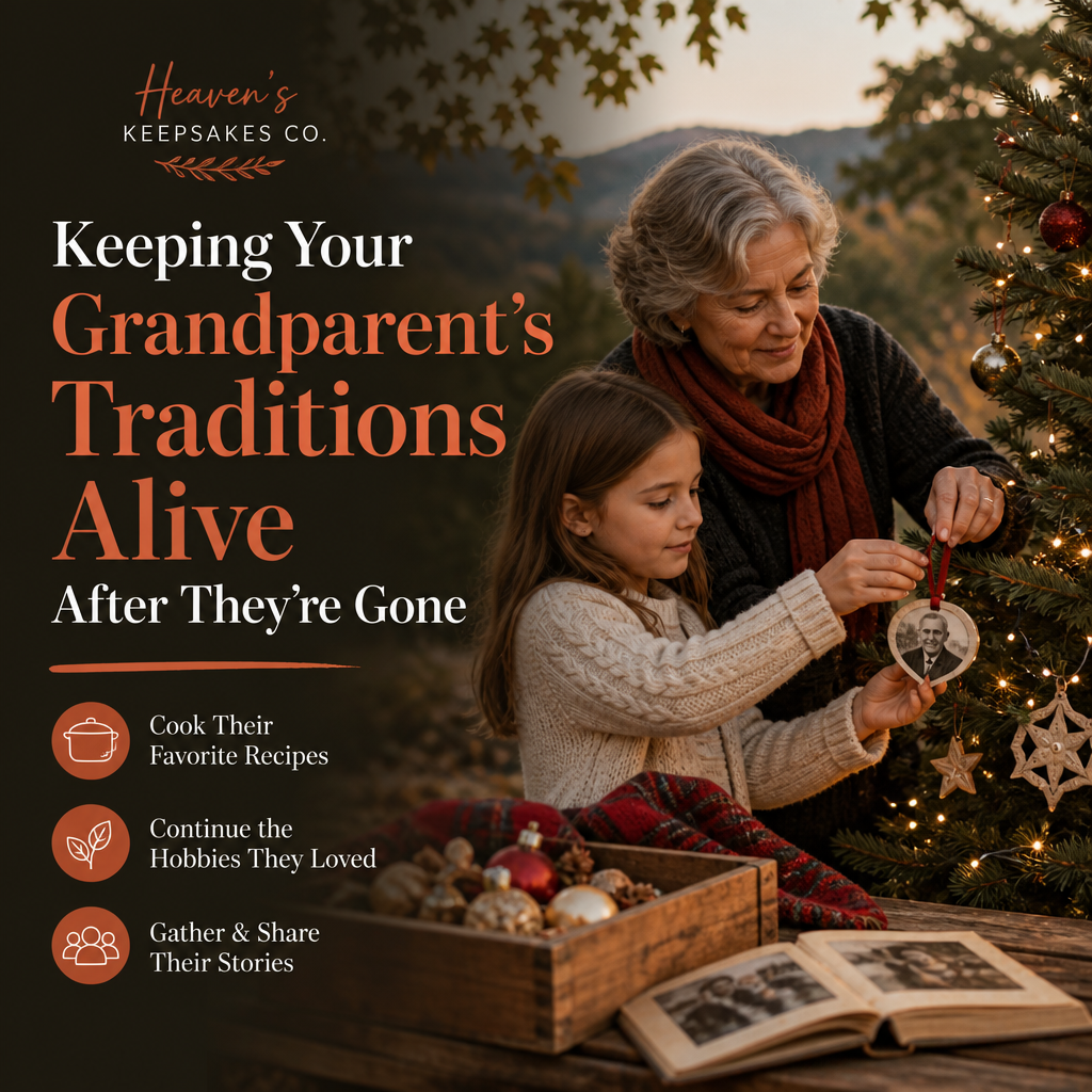 Editorial cover titled “Keeping Your Grandparent’s Traditions Alive After They’re Gone,” showing a handwritten recipe, family photograph, craft, garden flowers, and multiple generations gathered around a warm kitchen table.