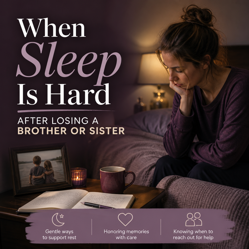 A warm bedside scene with a lamp, notebook, blanket, greenery, and remembrance photograph beside the headline “When Sleep Is Hard After Losing a Brother or Sister.”