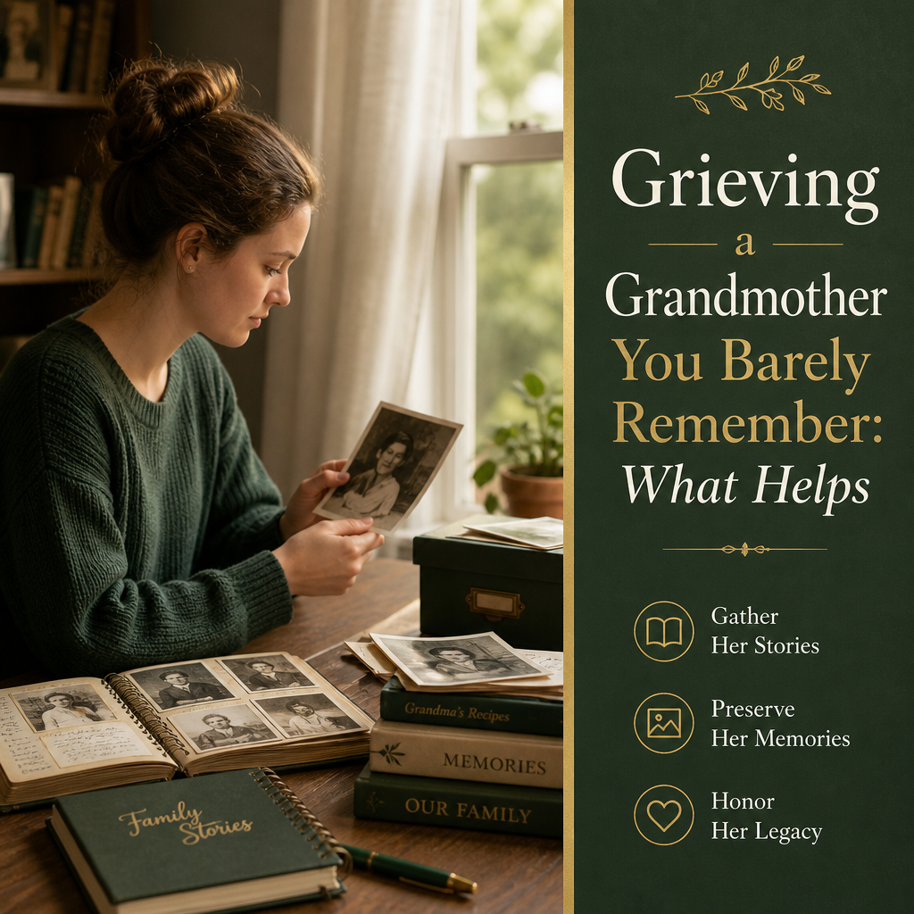 Editorial remembrance scene with an open family memory album, photographs, recipe cards, flowers, and gold keepsake tray beside the headline “Grieving a Grandmother You Barely Remember: What Helps.”