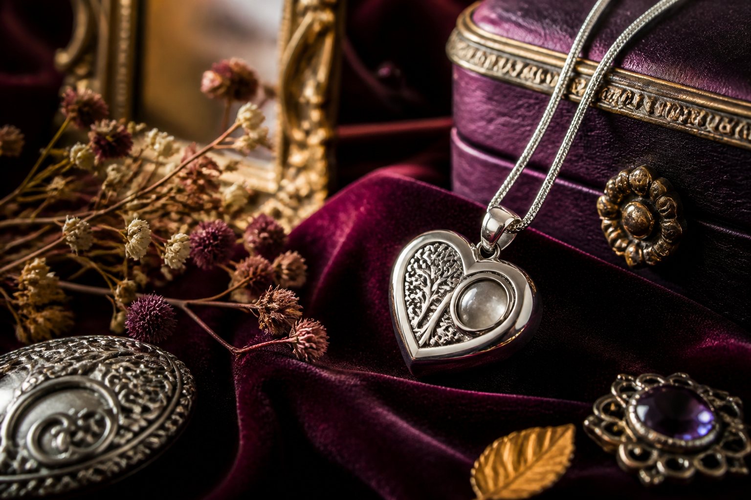 Person wearing a memorial pendant beside a keepsake box and pet collar at home