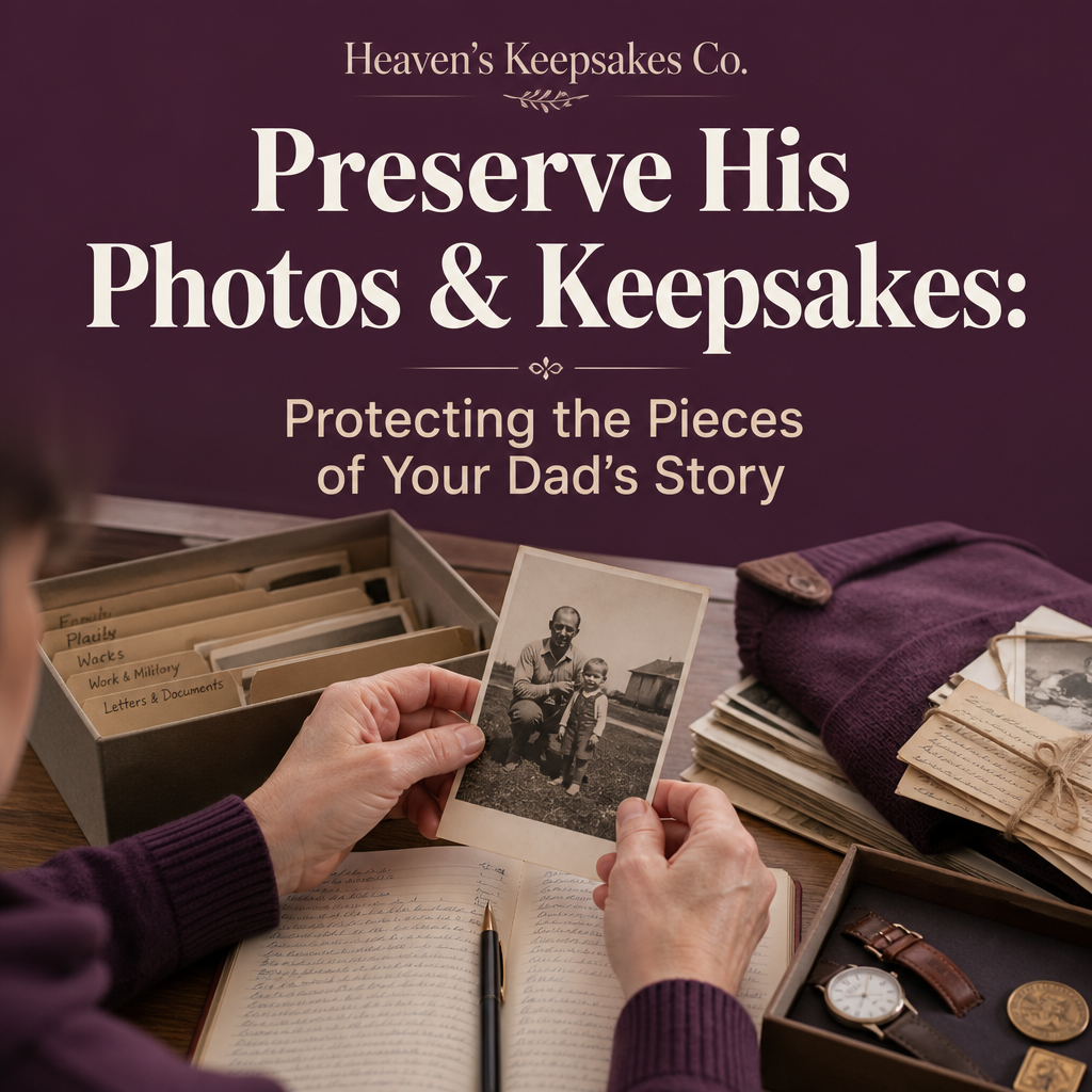 Editorial cover showing a memory box with family photos, a handwritten letter, a framed portrait, and personal belongings beside the headline “Preserve His Photos & Keepsakes: Protecting the Pieces of Your Dad’s Story.”