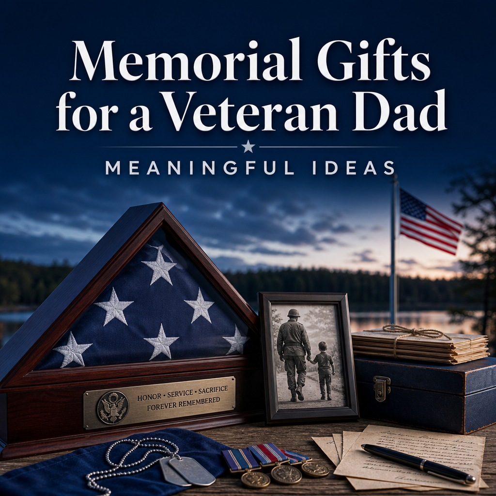 Memorial gifts for a veteran dad shown beside a folded-flag display case, service photograph, handwritten note, and keepsake tray, with the article headline in navy serif text.