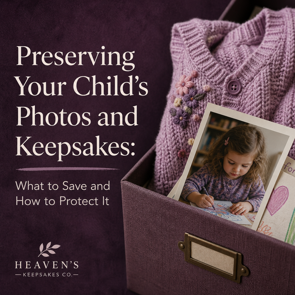 Open memory box with protected photographs, a child’s drawing, handwritten note, folded clothing, and jewelry beside the headline “Preserving Your Child’s Photos and Keepsakes: What to Save and How to Protect It.”