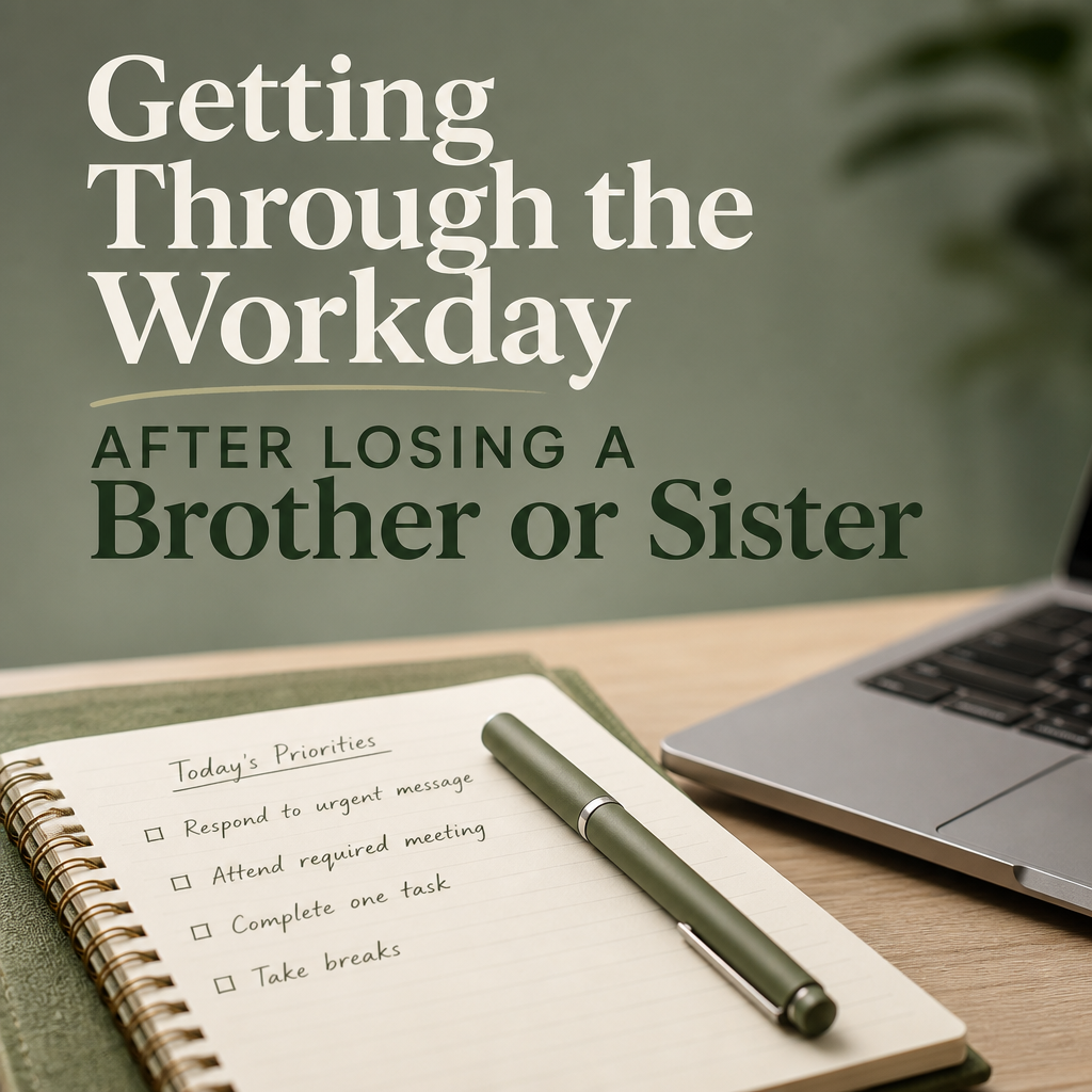 Editorial scene for "Getting Through the Workday After Losing a Brother or Sister," showing a quiet work desk with a notebook, mug, framed family photograph, and botanical sprig beside large navy headline text.