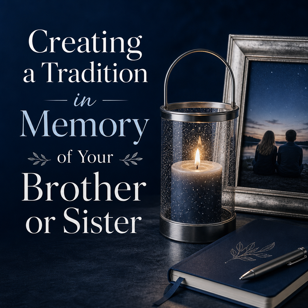 Editorial remembrance scene with a memory box, recipe card, framed photograph, candle, music sheet, and botanicals beside the headline Creating a Tradition in Memory of Your Brother or Sister.