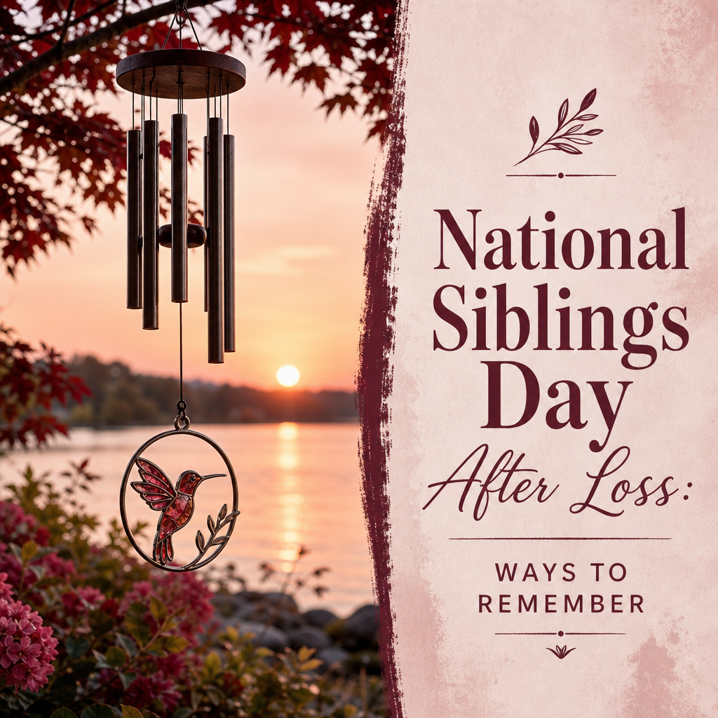 Editorial memorial arrangement with a framed sibling photograph, glowing lantern, memory card, bracelet, and flowers beside the headline “National Siblings Day After Loss: Meaningful Ways to Remember a Brother or Sister.”