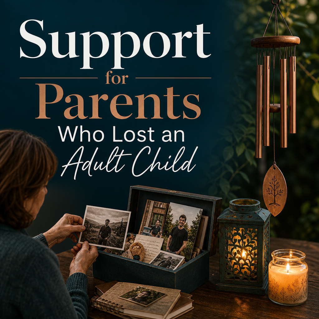 Editorial cover with the headline “When a Parent Loses an Adult Child: Gentle Support and Ways to Honor Their Life,” beside a memory box, framed family photo, memorial pendant, candle, and soft flowers.