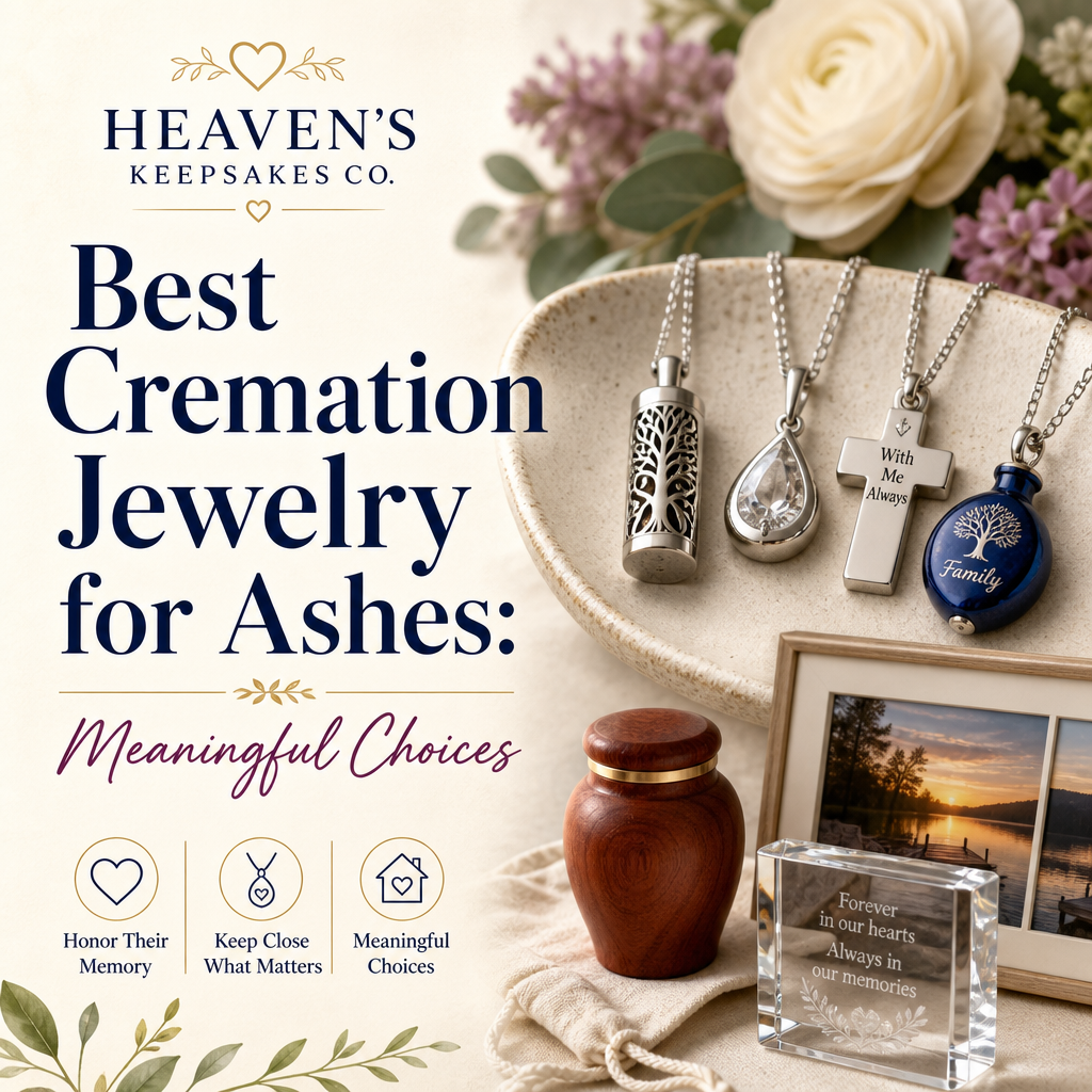 Editorial cover showing a memorial necklace on a jewelry tray beside a small keepsake urn and framed photograph, with the headline “Best Cremation Jewelry for Ashes: Meaningful Choices.”