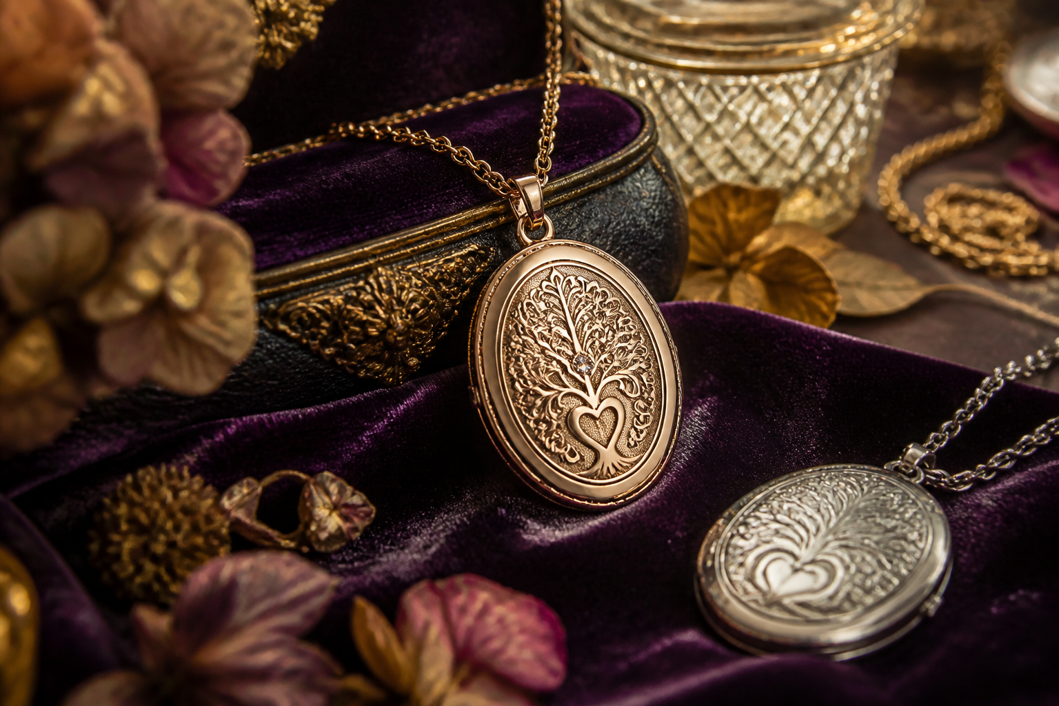Person fastening a memorial necklace at a bedroom mirror beside a small keepsake box