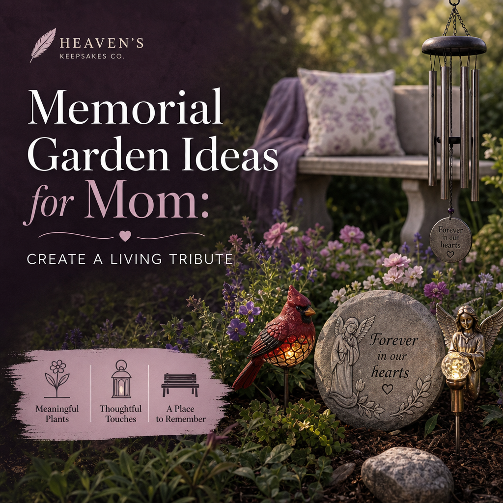 A peaceful remembrance garden with flowers, a memorial stone, cardinal accent, solar light, and bench beside the headline “Memorial Garden Ideas for Mom: Gentle Ways to Create a Living Tribute.”