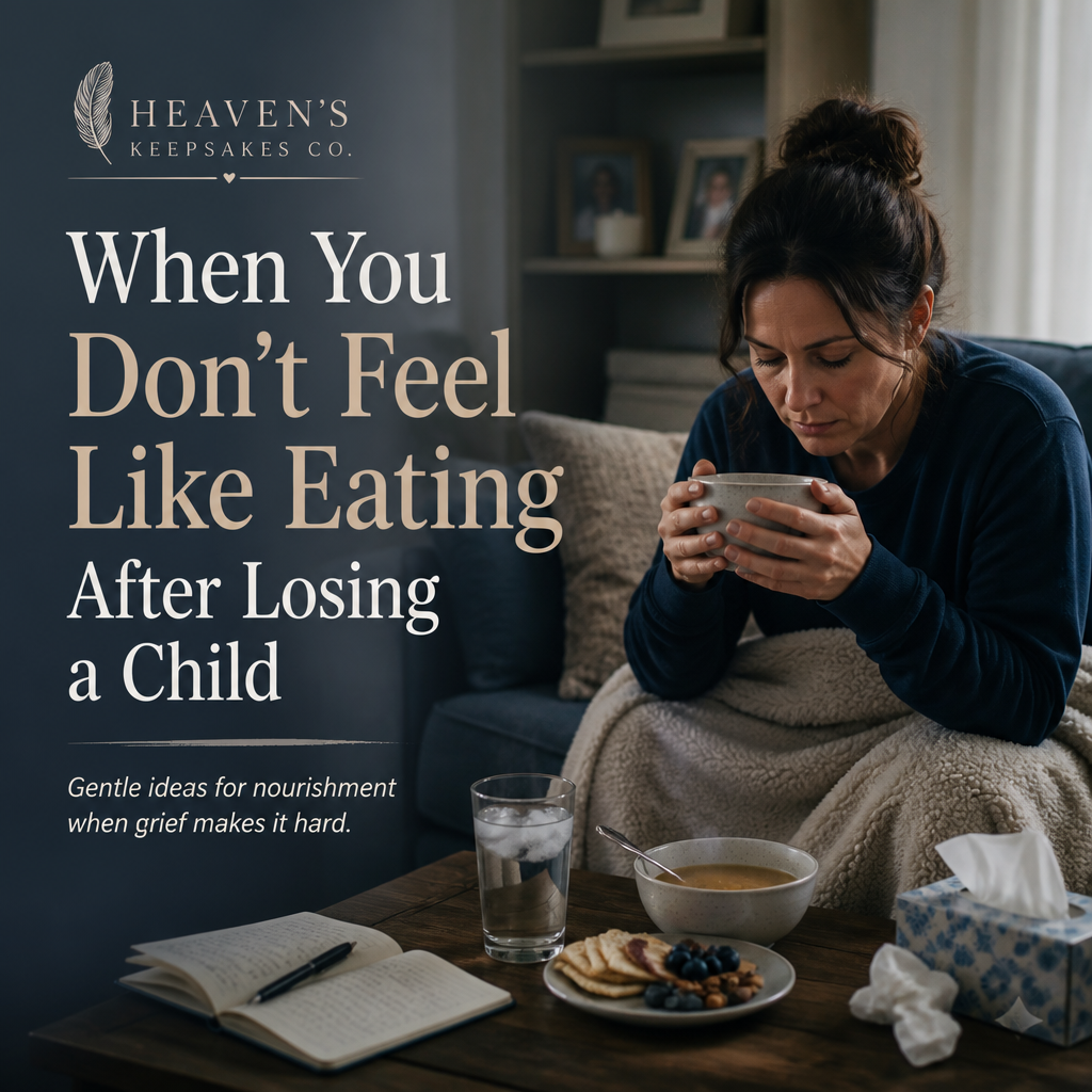 Editorial blog cover with the headline “When You Don’t Feel Like Eating After Losing a Child” beside a small bowl of soup, toast, water, and a prepared meal on a softly lit remembrance table.