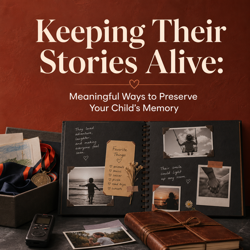 Editorial image with the headline “Keeping Their Stories Alive: Meaningful Ways to Preserve Your Child’s Memory” beside a memory box containing photographs, handwritten notes, a journal, and a meaningful belonging in warm natural light.