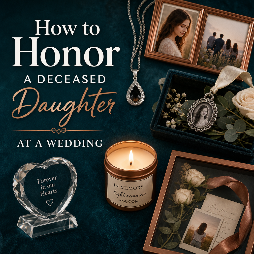 Wedding remembrance table with a framed photograph, memorial necklace, candle, florals, and the headline “How to Honor a Deceased Daughter at a Family Wedding.”