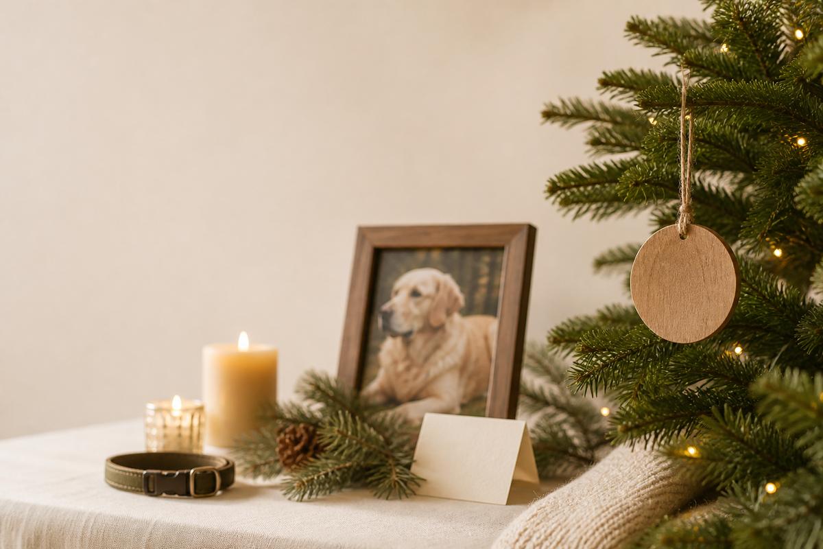Warm Christmas remembrance setting with a pet photo, candle, collar, and keepsake ornament