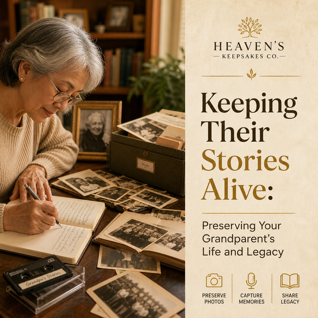 Editorial cover with the headline “Keeping Their Stories Alive” and subtitle “Preserving Your Grandparent’s Life and Legacy,” beside family photographs, handwritten recipes, a keepsake notebook, and preserved audio media on a warmly lit table.