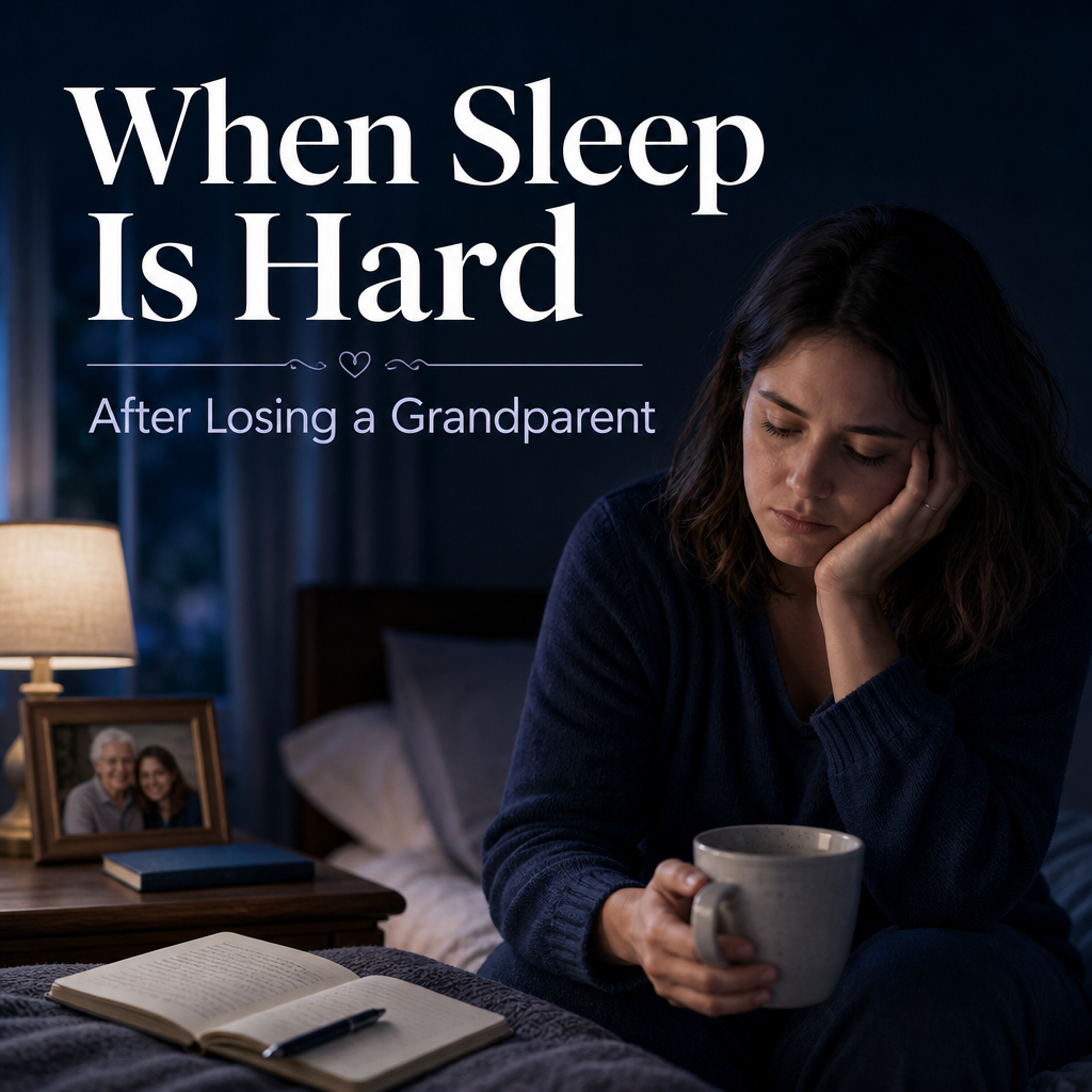 Editorial cover showing a journal, framed family photograph, tea, and soft bedding beside warm lamplight, with the headline “When Sleep Is Hard After Losing a Grandparent.”