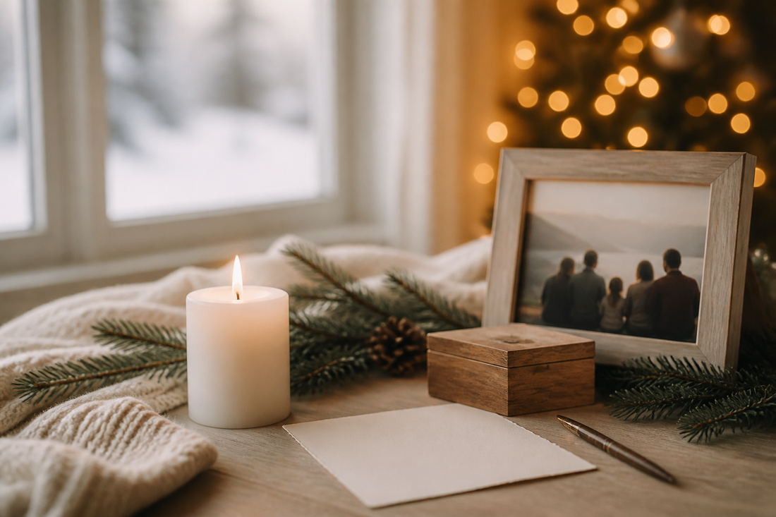 Warm memorial keepsakes and a remembrance candle arranged for a first Christmas after a loss