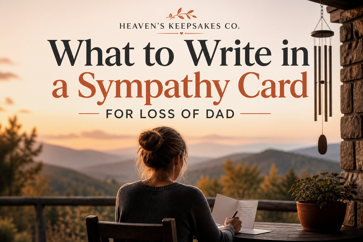 An ivory sympathy card beside a framed family photograph, flowers, and a candle, with the headline “What to Write in a Sympathy Card for Someone Who Lost Their Dad.”