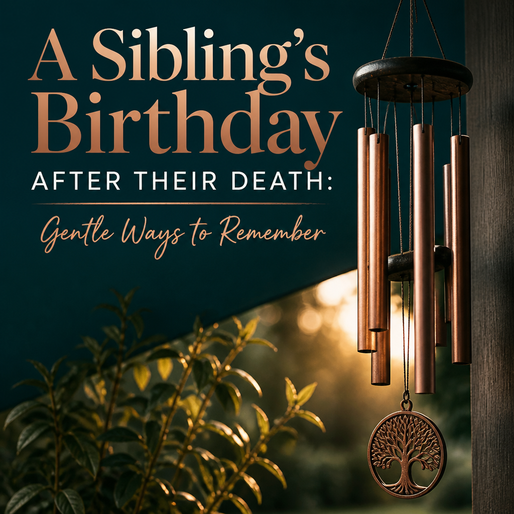 A warm remembrance scene with a memorial pendant, birthday card, framed photo, flowers, and memory box beside the headline “A Sibling’s Birthday After Their Death: Gentle Ways to Remember.”