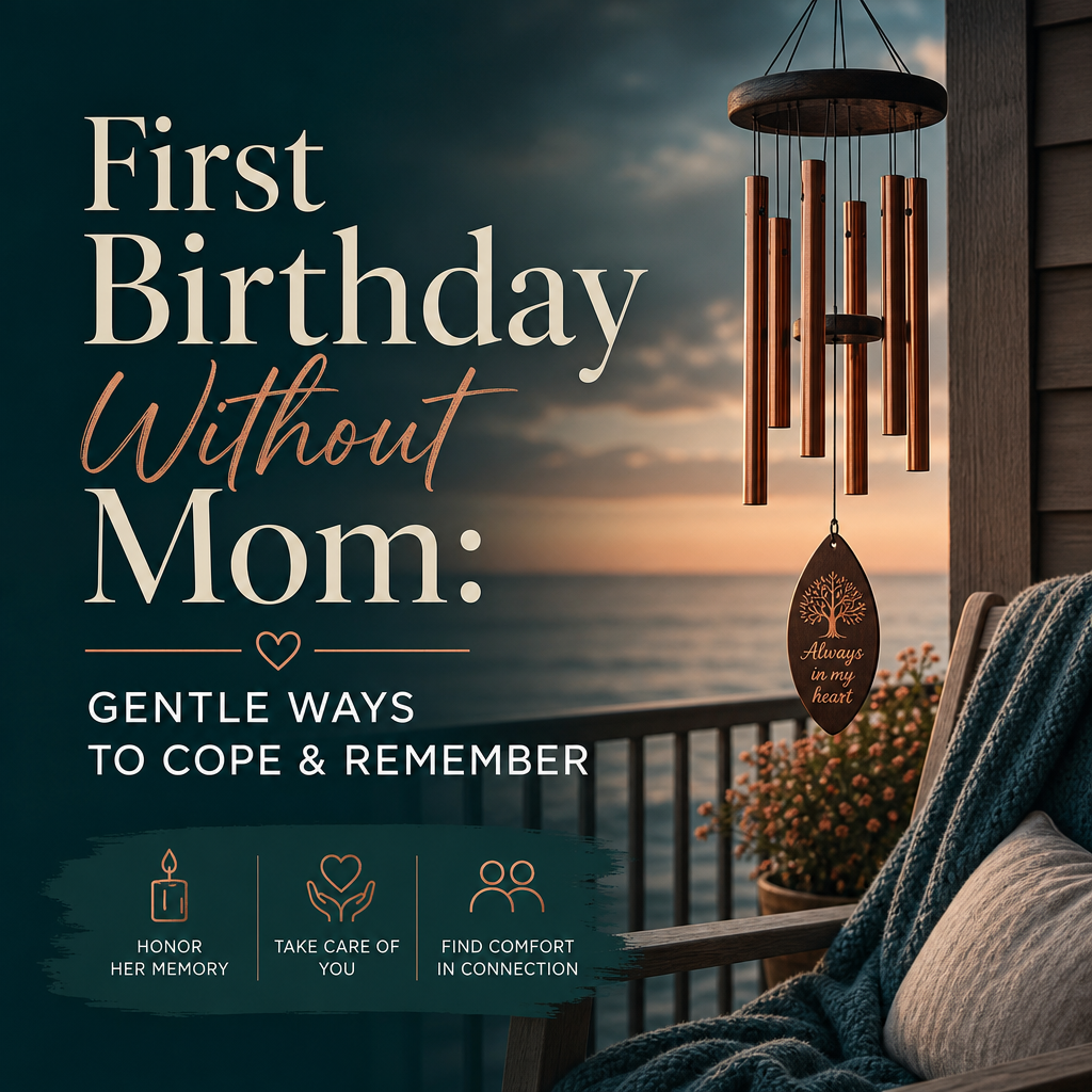 Editorial remembrance scene with a journal, framed family photo, flowers, candle, and the headline First Birthday Without Mom: Gentle Ways to Cope & Remember.
