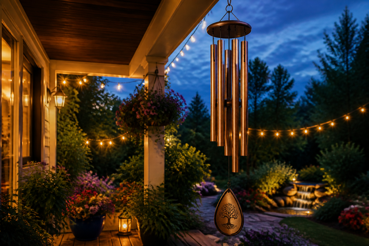 Memorial wind chime hanging on a peaceful backyard porch in warm afternoon light