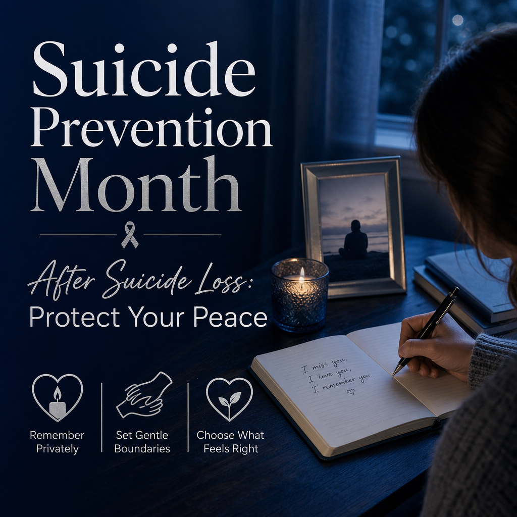 Editorial cover with the title “When Suicide Prevention Month Feels Hard After a Loss” beside a quiet memorial keepsake scene with a pendant, candle, framed photo, and greenery.