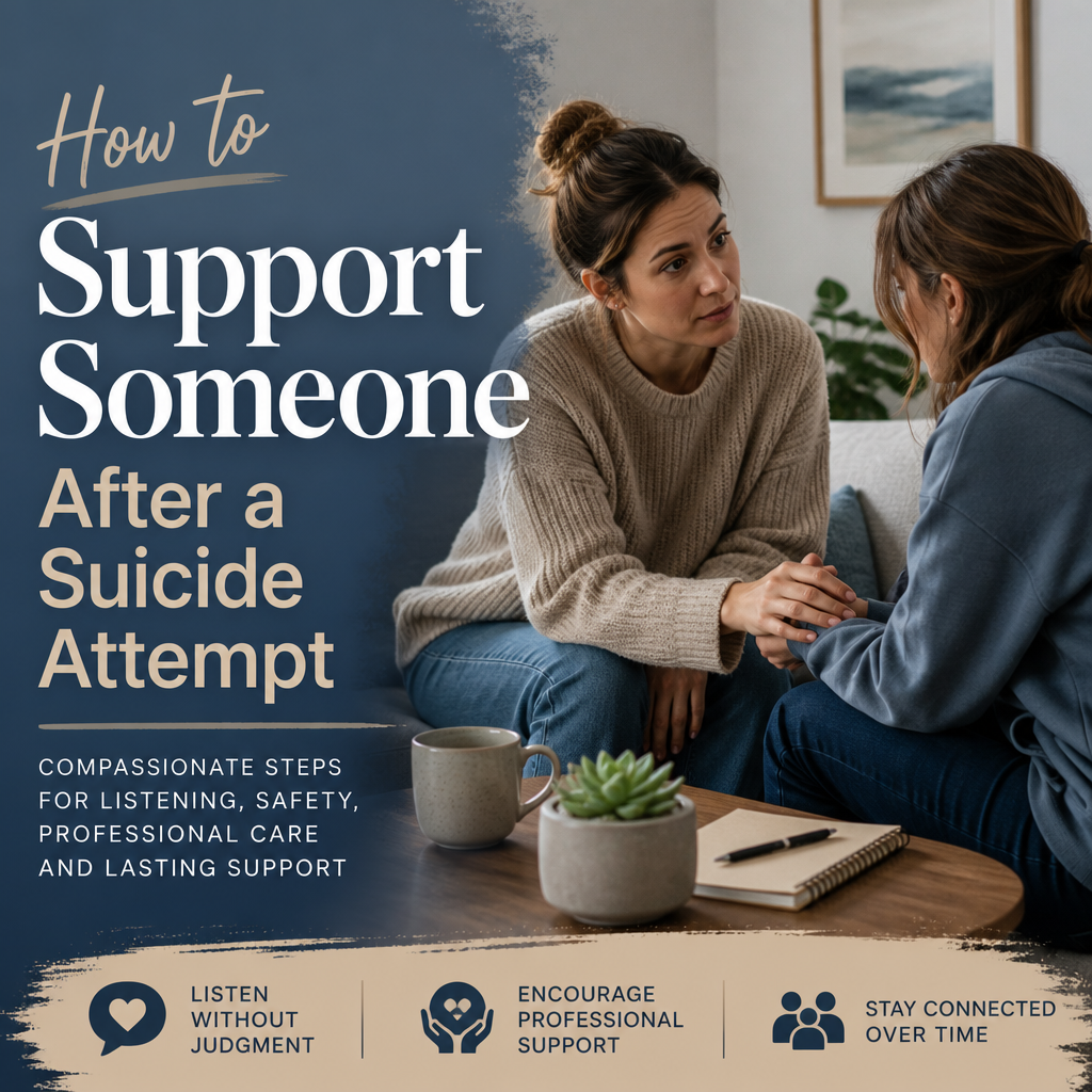 Two people sitting together at a warmly lit table beside a phone and notecard, with the headline “How to Support Someone After a Suicide Attempt.”
