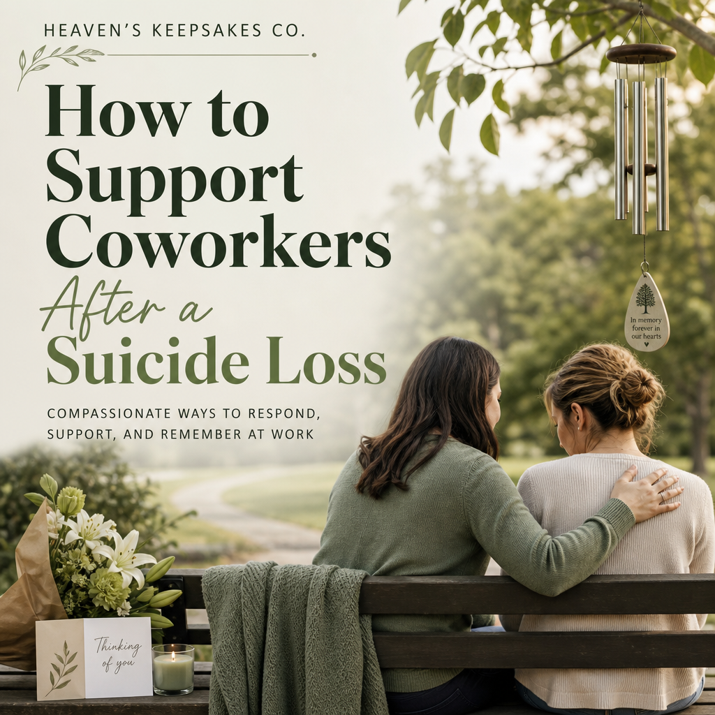 Workplace remembrance table with a framed photo, sympathy card, notebook, candle, and flowers beside the headline How to Support Coworkers After a Suicide Loss.
