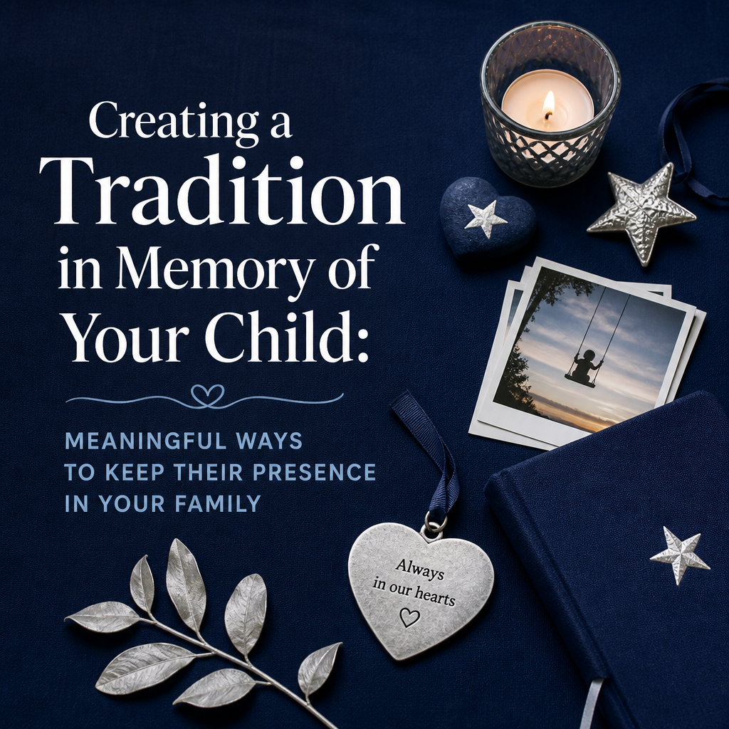 Editorial cover showing a remembrance table with a candle, framed keepsake, favorite meal, recipe card, and flowering plant beside the headline Creating a Tradition in Memory of Your Child.